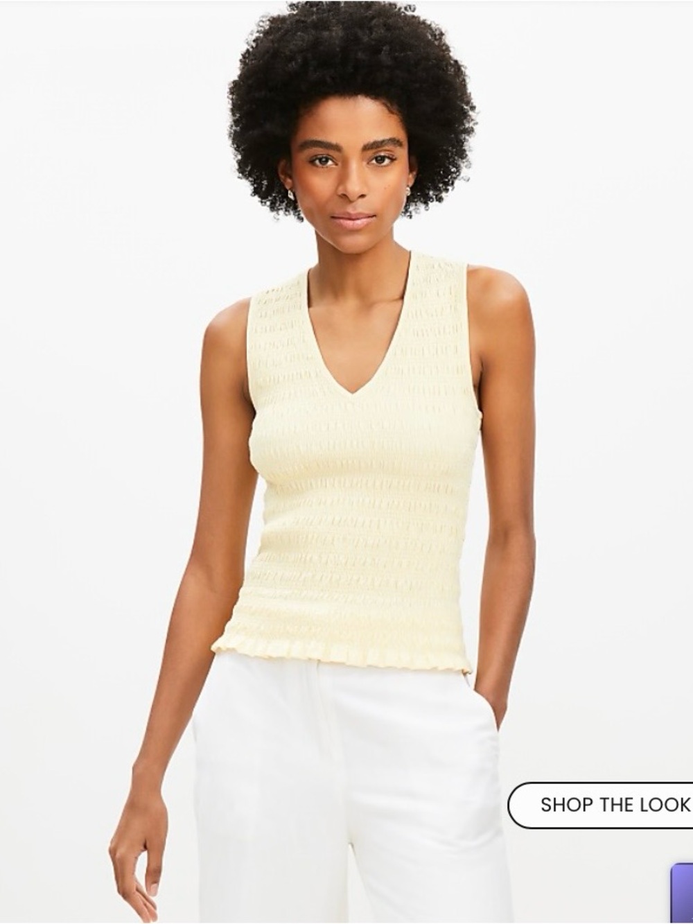 LOFT Pale Yellow Textured V-Neck Ruffle Hem Tank